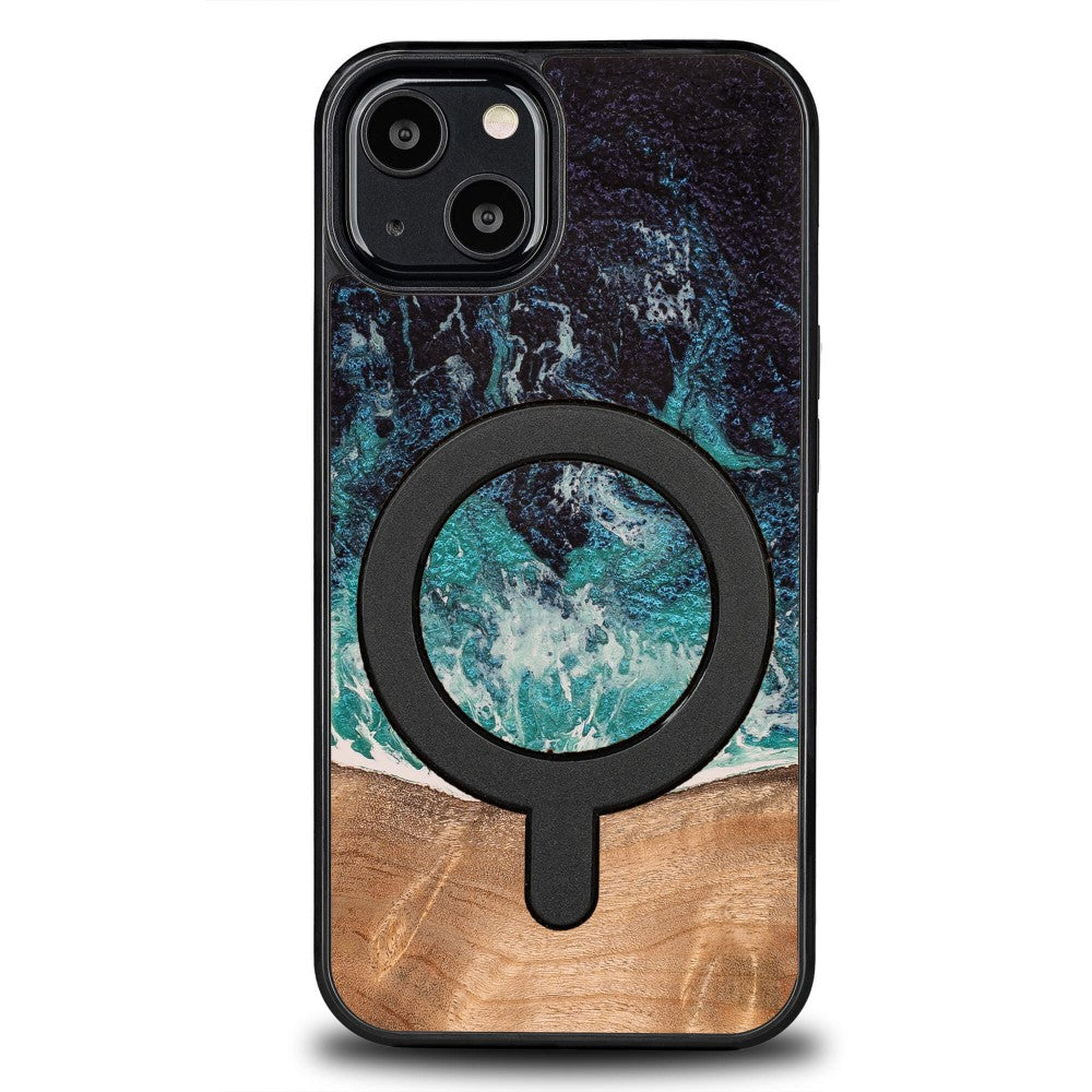 Holzhülle für iPhone 13, Bewood Unique Dream Island für MagSafe, Blau-Braun