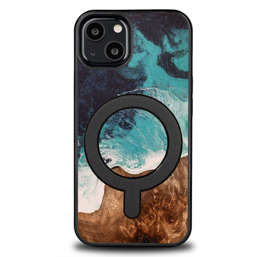Holzhülle für iPhone 13, Bewood Unique Dream Island für MagSafe, Blau-Braun