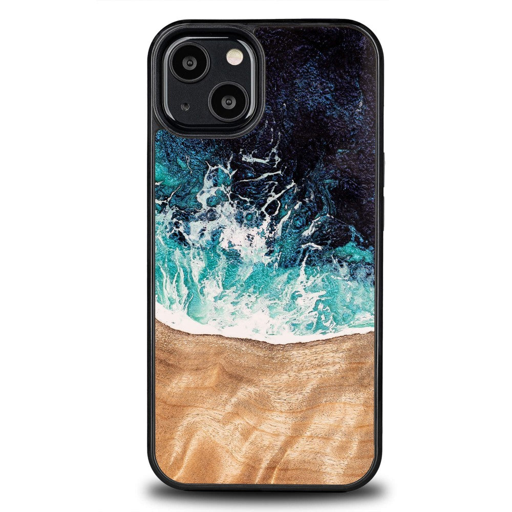 Holzhülle für iPhone 13, Bewood Unique Dream Island, Blau-Braun