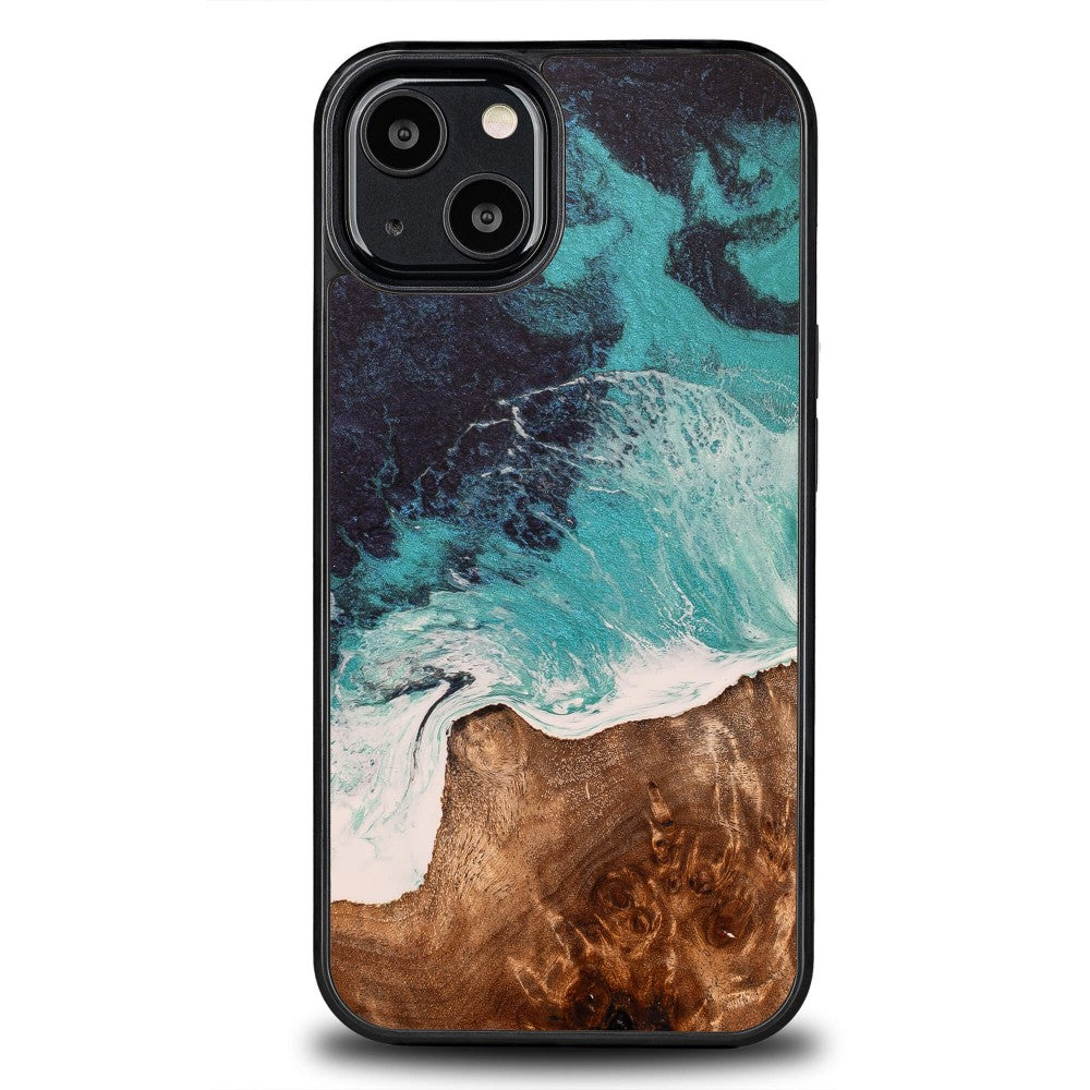 Holzhülle für iPhone 13, Bewood Unique Dream Island, Blau-Braun