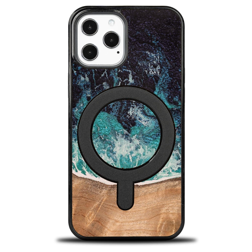 Holzhülle für iPhone 12 Pro Max, Bewood Unique Dream Island für MagSafe, Blau-Braun