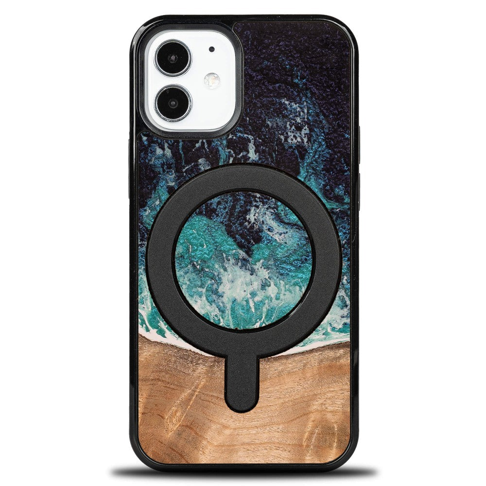 Holzhülle für iPhone 12 Mini, Bewood Unique Dream Island für MagSafe, Blau-Braun