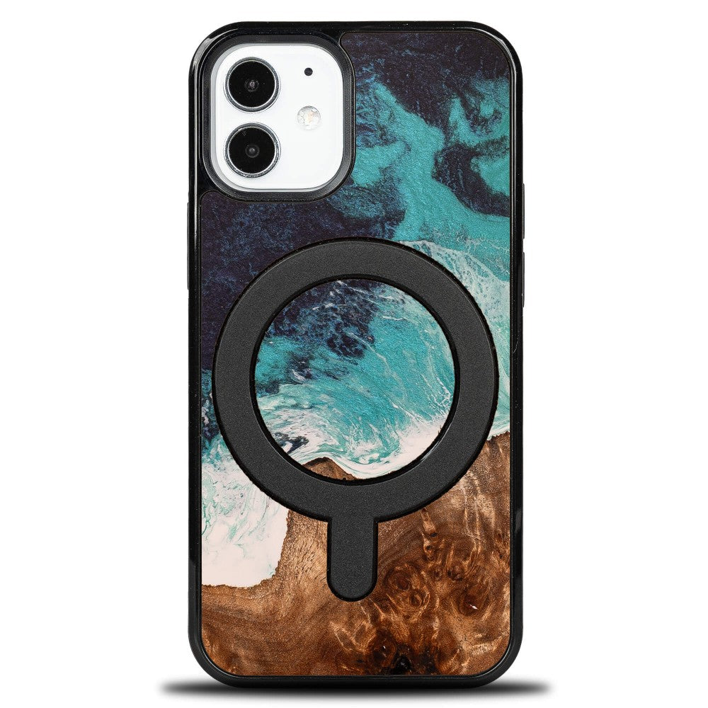 Holzhülle für iPhone 12 Mini, Bewood Unique Dream Island für MagSafe, Blau-Braun