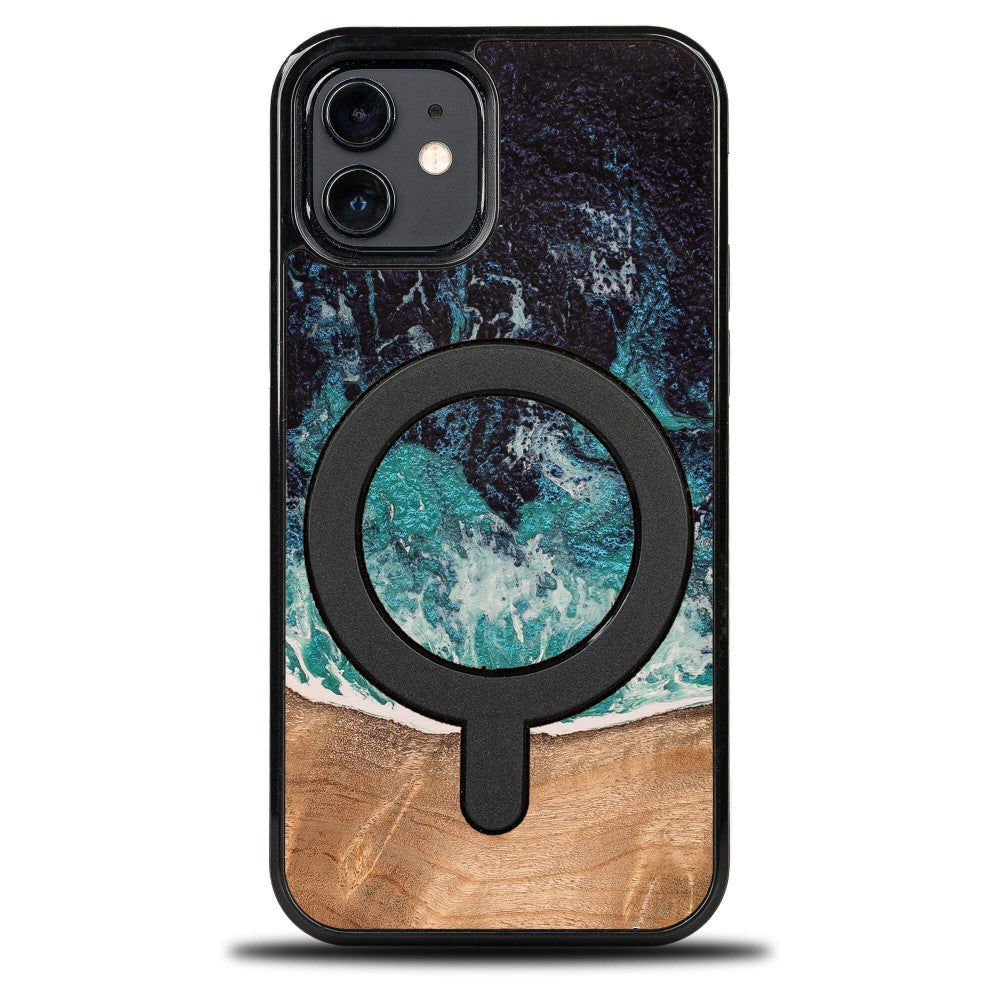 Holzhülle für iPhone 12 / iPhone 12 Pro, Bewood Unique Dream Island für MagSafe, Blau-Braun