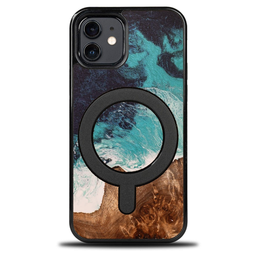Holzhülle für iPhone 12 / iPhone 12 Pro, Bewood Unique Dream Island für MagSafe, Blau-Braun