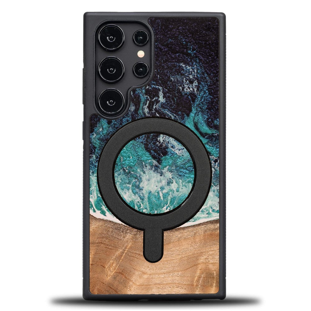 Holzhülle für Galaxy S25 Ultra, Bewood Unique Dream Island für MagSafe, Blau-Braun