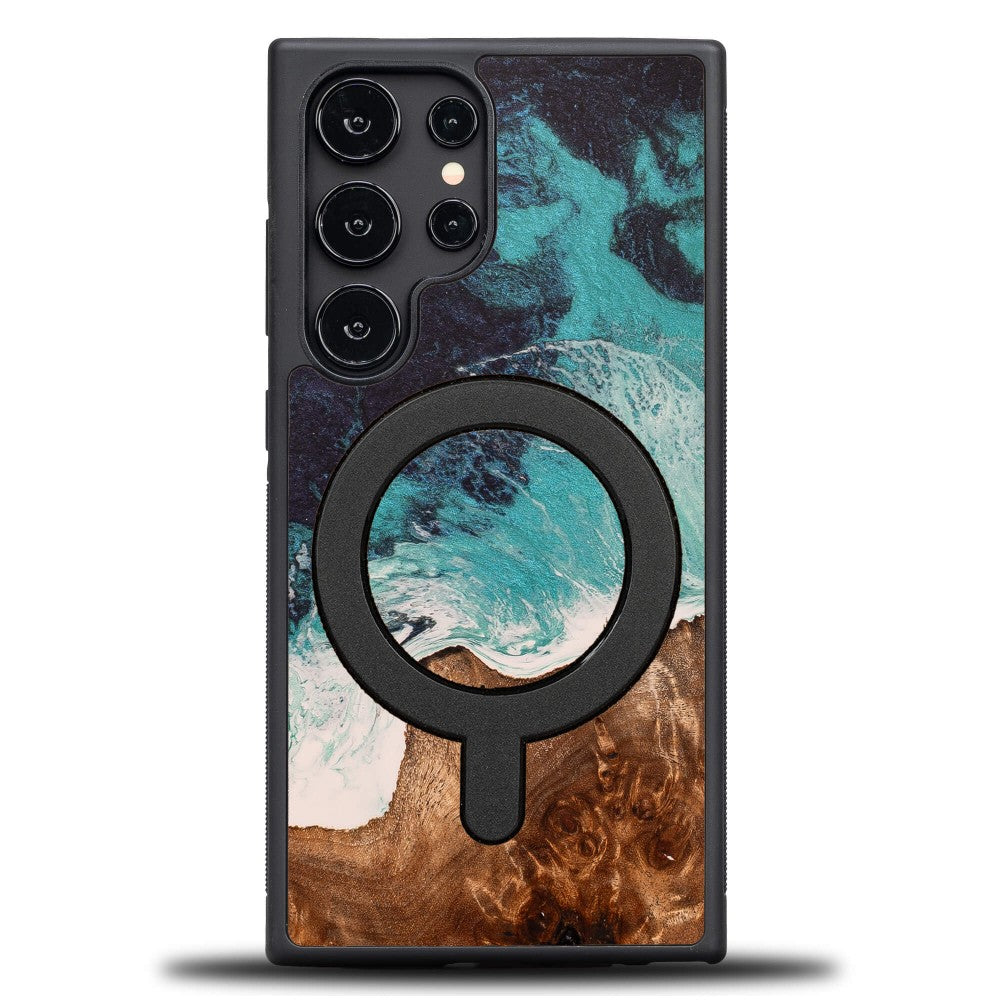 Holzhülle für Galaxy S25 Ultra, Bewood Unique Dream Island für MagSafe, Blau-Braun