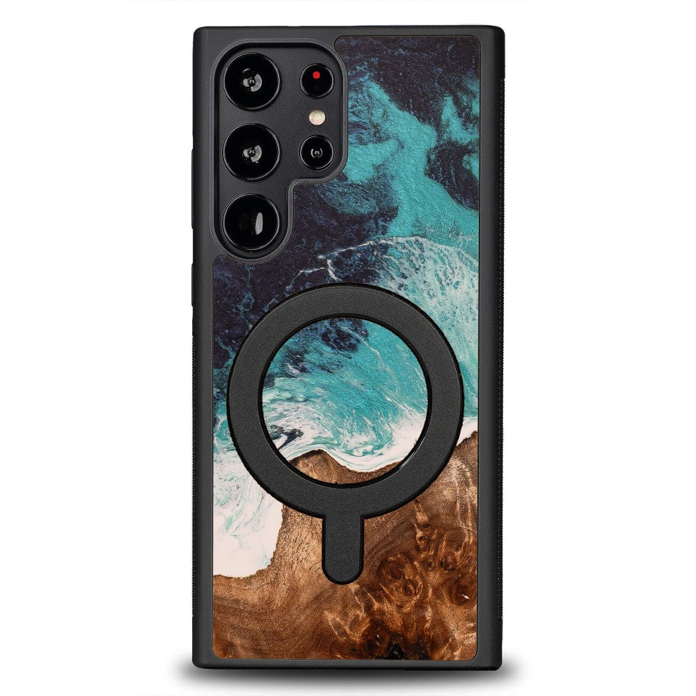 Holzhülle für Galaxy S23 Ultra, Bewood Unique Dream Island für MagSafe, Blau-Braun