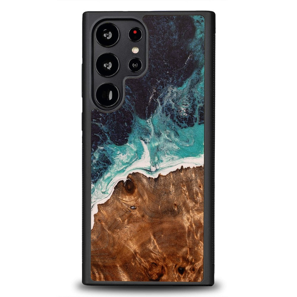 Holzhülle für Galaxy S23 Ultra, Bewood Unique Dream Island, Blau-Braun