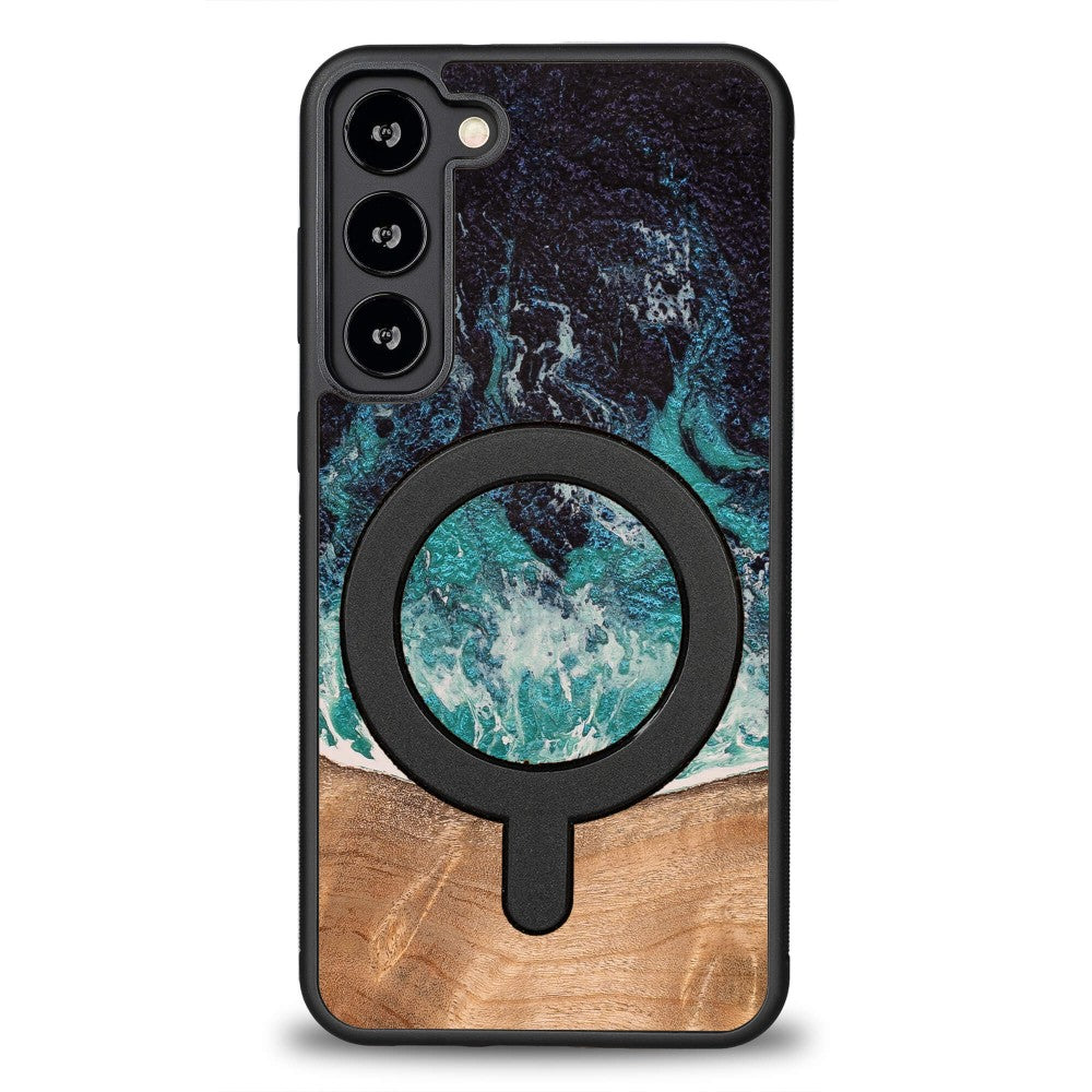 Holzhülle für Galaxy S23 Plus, Bewood Unique Dream Island für MagSafe, Blau-Braun
