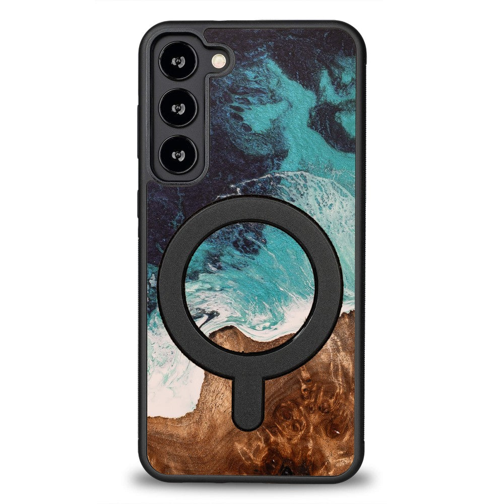 Holzhülle für Galaxy S23 Plus, Bewood Unique Dream Island für MagSafe, Blau-Braun