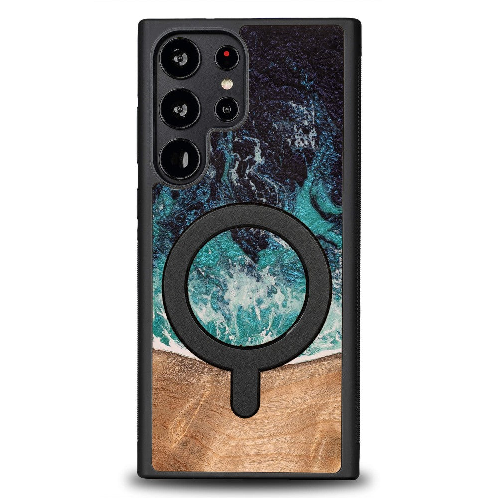 Holzhülle für Galaxy S22 Ultra, Bewood Unique Dream Island für MagSafe, Blau-Braun