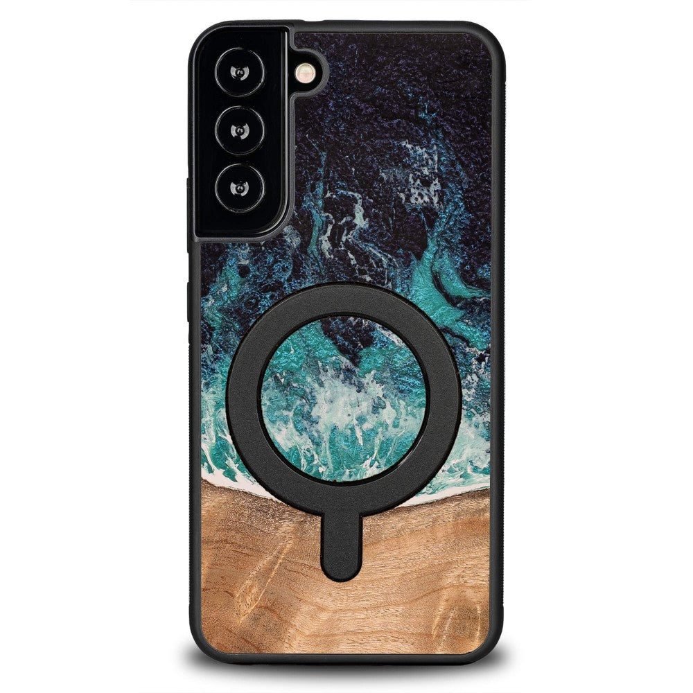 Holzhülle für Galaxy S22 Plus, Bewood Unique Dream Island für MagSafe, Blau-Braun