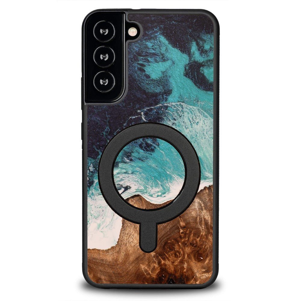 Holzhülle für Galaxy S22 Plus, Bewood Unique Dream Island für MagSafe, Blau-Braun