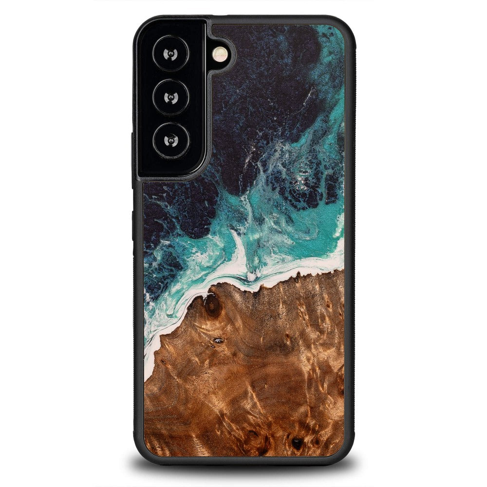 Holzhülle für Galaxy S22, Bewood Unique Dream Island, Blau-Braun
