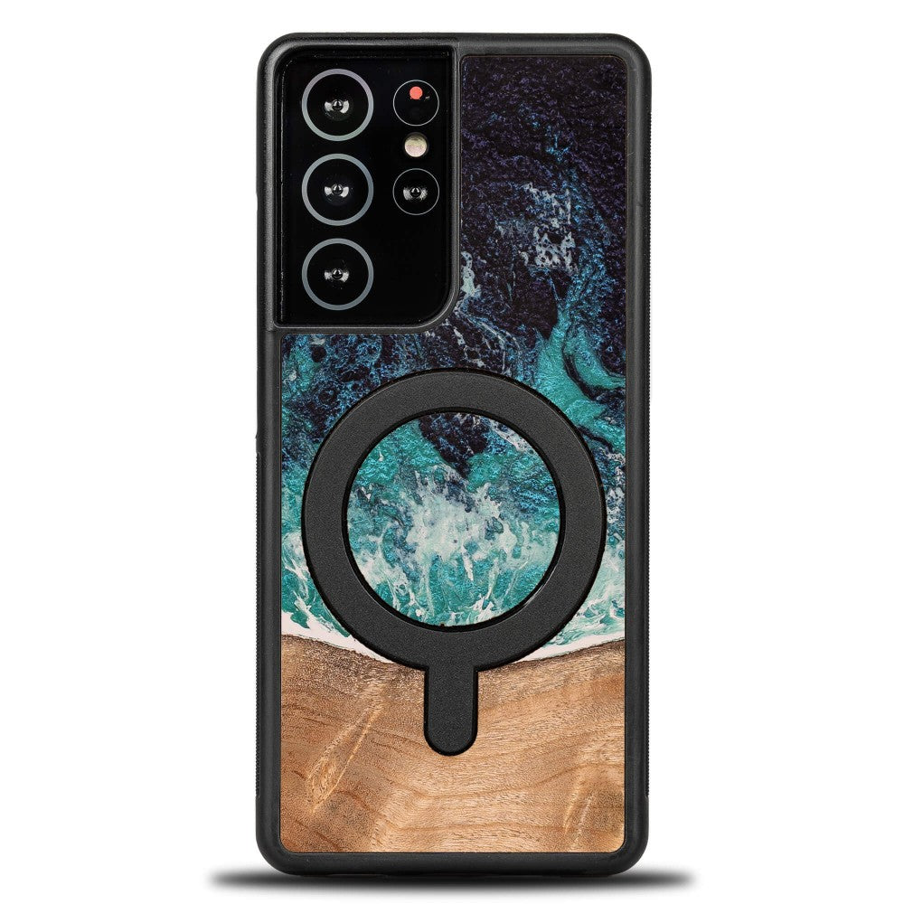 Holzhülle für Galaxy S21 Ultra, Bewood Unique Dream Island für MagSafe, Blau-Braun