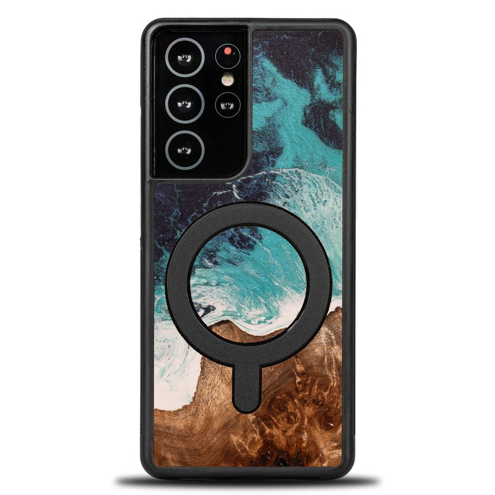Holzhülle für Galaxy S21 Ultra, Bewood Unique Dream Island für MagSafe, Blau-Braun