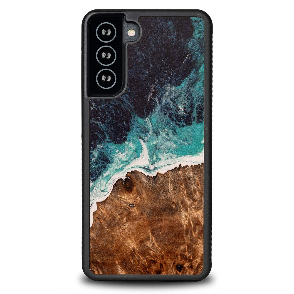 Holzhülle für Galaxy S21 Plus, Bewood Unique Dream Island, Blau-Braun