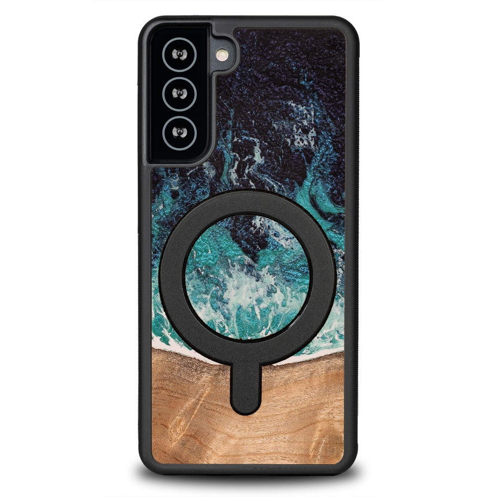 Holzhülle für Galaxy S21, Bewood Unique Dream Island für MagSafe, Blau-Braun