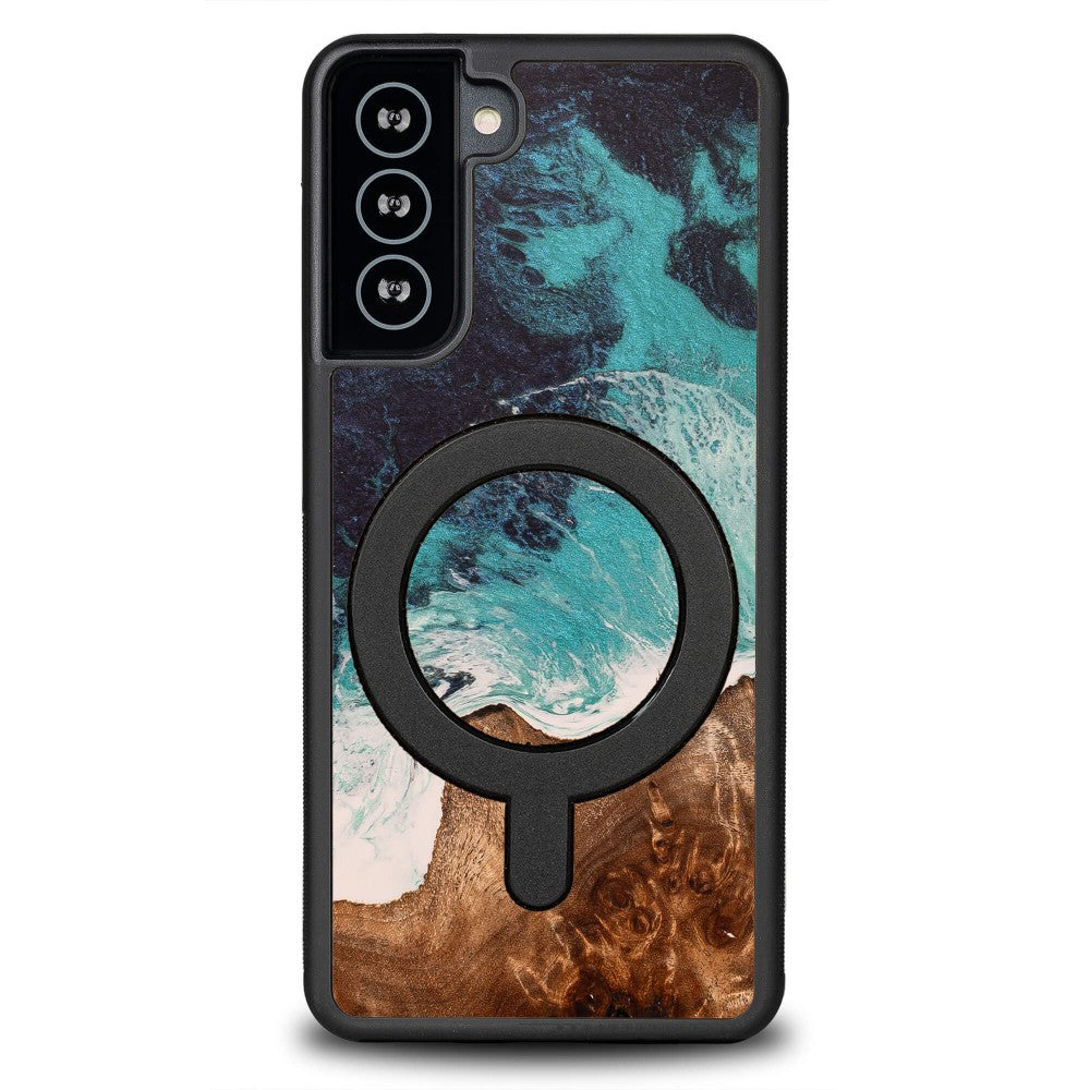 Holzhülle für Galaxy S21, Bewood Unique Dream Island für MagSafe, Blau-Braun