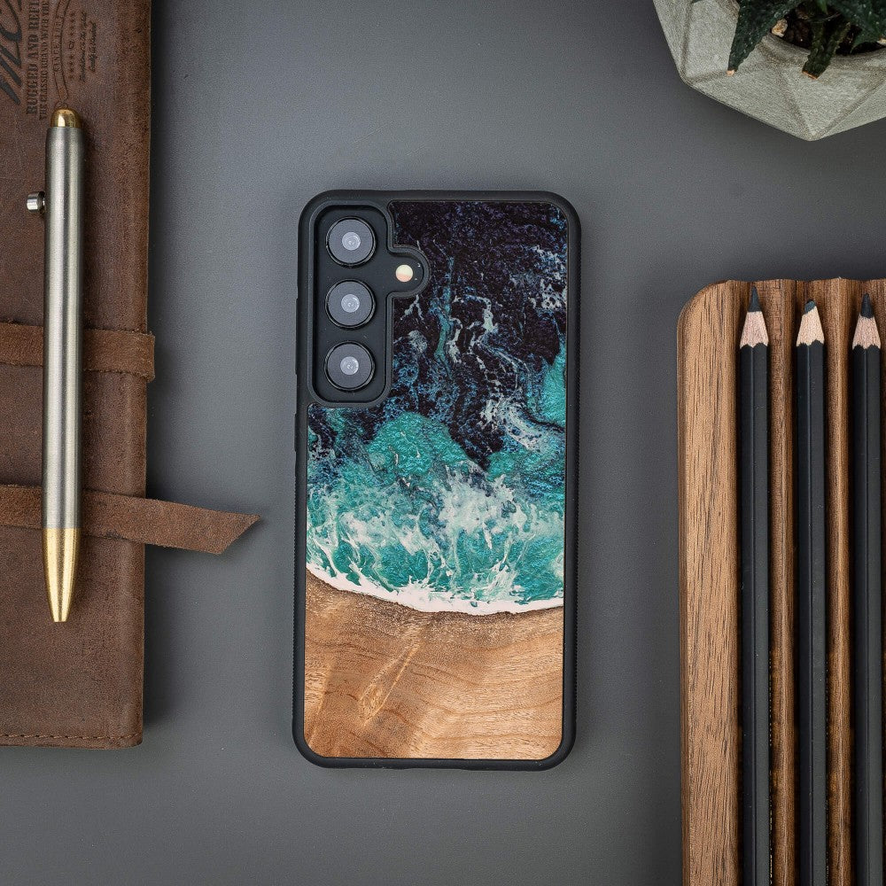 Holzhülle für Galaxy S25 FE, Bewood Unique Dream Island, Blau-Braun
