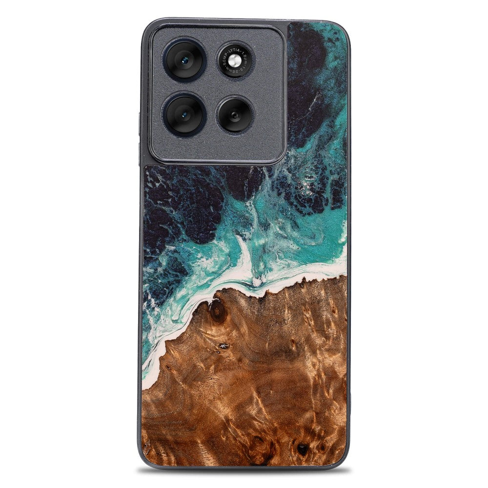 Holzhülle für Motorola Moto G86 5G, Bewood Unique Dream Island, Blau-Braun