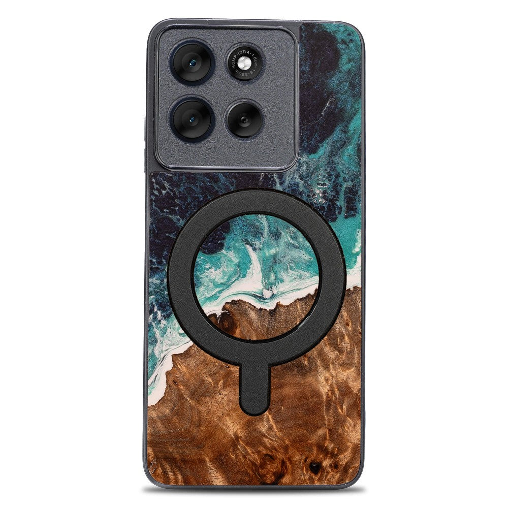 Holzhülle für Motorola Moto G56 5G, Bewood Unique Dream Island für MagSafe, Blau-Braun