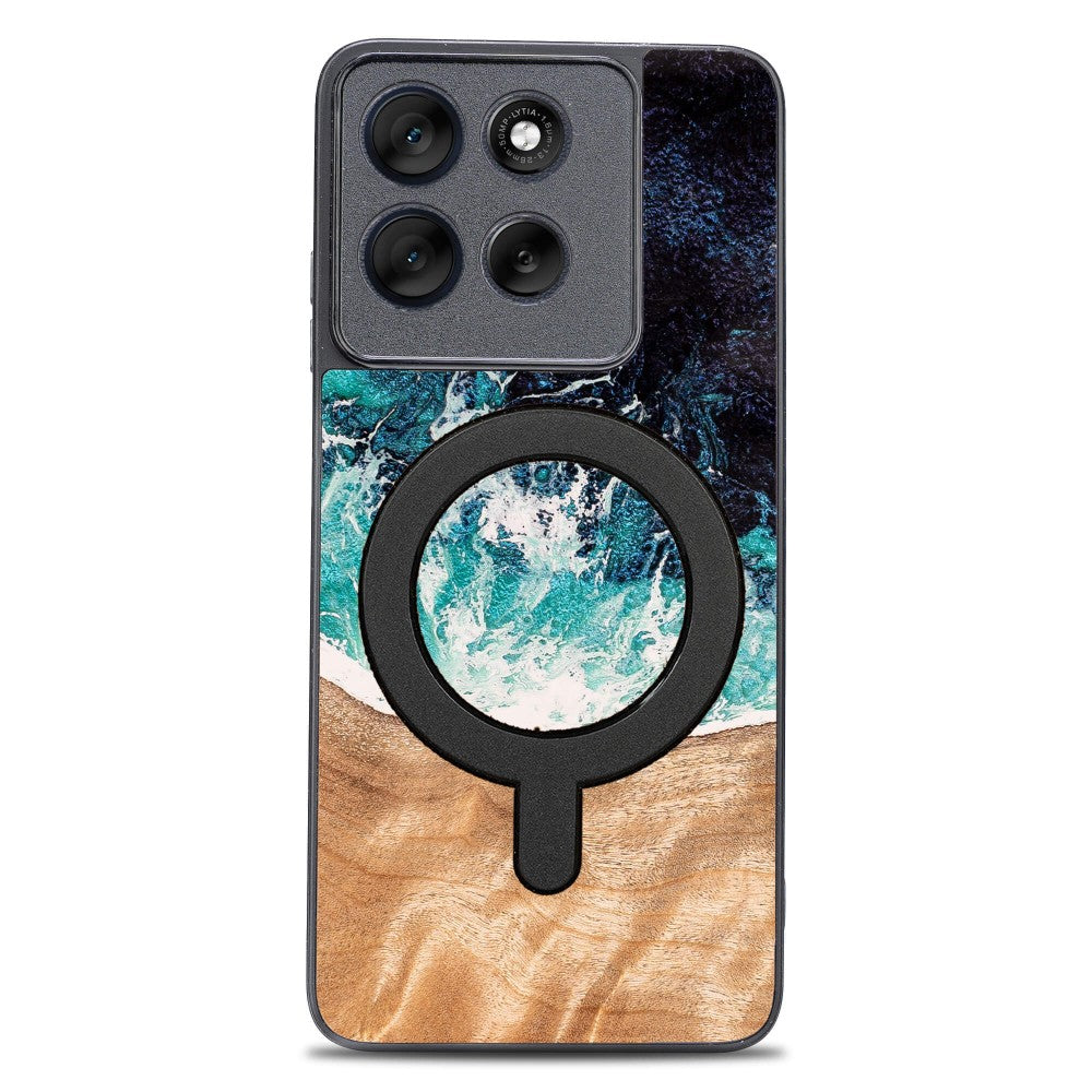 Holzhülle für Motorola Moto G86 5G, Bewood Unique Dream Island für MagSafe, Blau-Braun