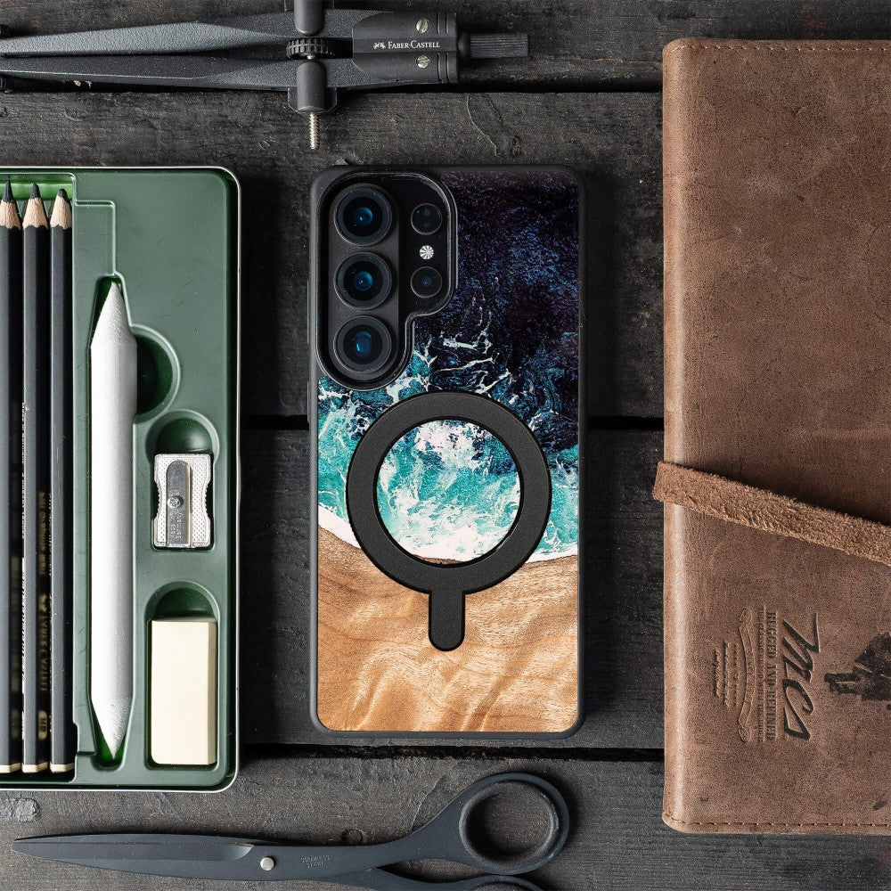 Holzhülle für Galaxy S26 Ultra, Bewood Unique Dream Island für MagSafe, Blau-Braun