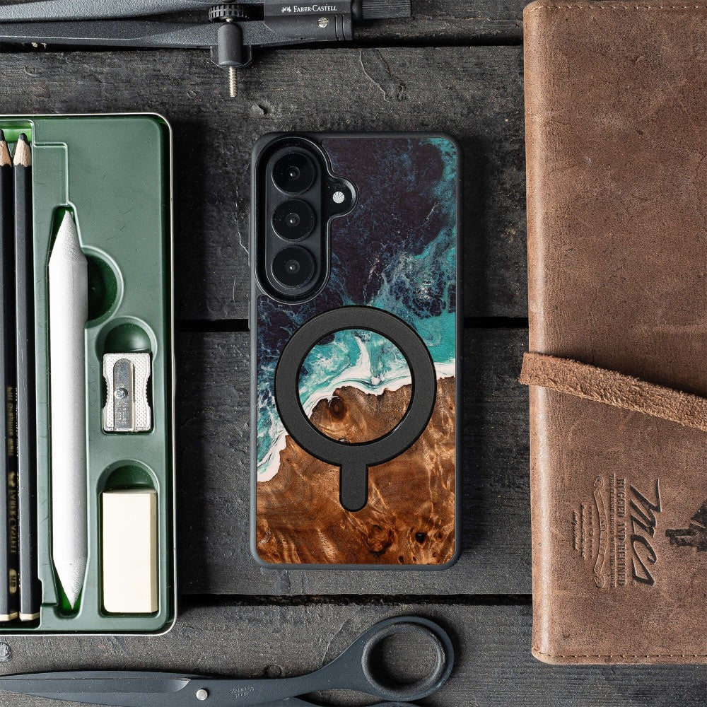 Holzhülle für Galaxy S26, Bewood Unique Dream Island für MagSafe, Blau-Braun