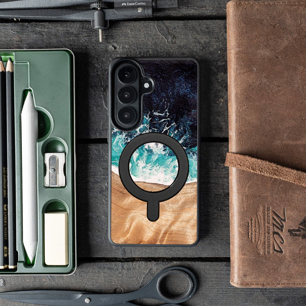 Holzhülle für Galaxy S26 Plus, Bewood Unique Dream Island für MagSafe, Blau-Braun