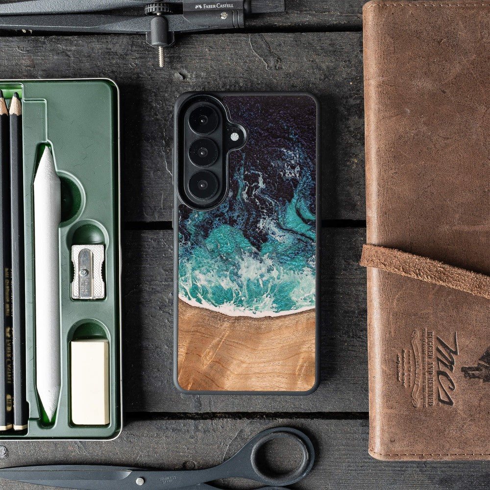 Holzhülle für Galaxy S26 Plus, Bewood Unique Dream Island, Blau-Braun