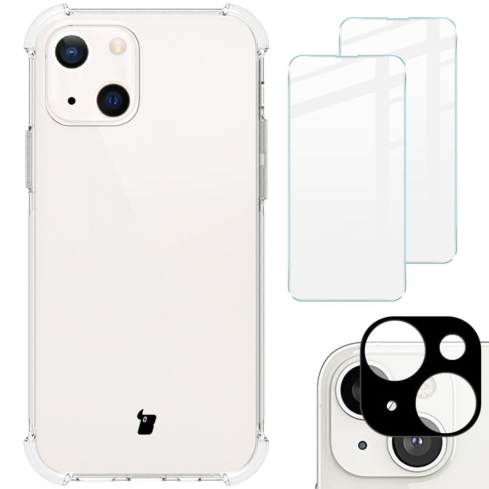 Schutzhülle + 2x Glas + Kameraschutz Bizon Case Clear für iPhone 13, Transparent