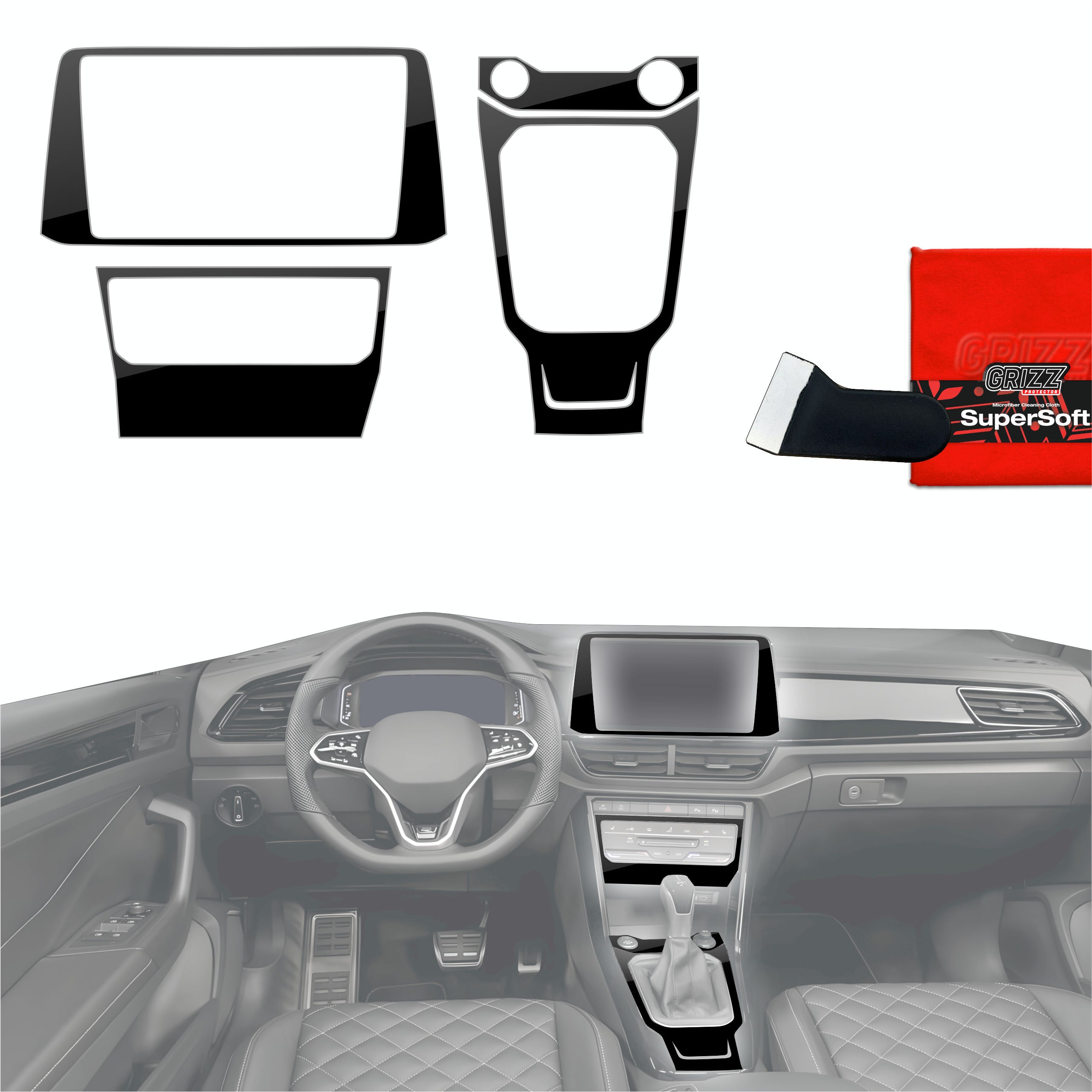 4in1 Schutzfolien Grizz Protector für Mittelkonsole & Armaturenbrett - Volkswagen T-Roc R-Line (2025-2026) Schwarz Glanz