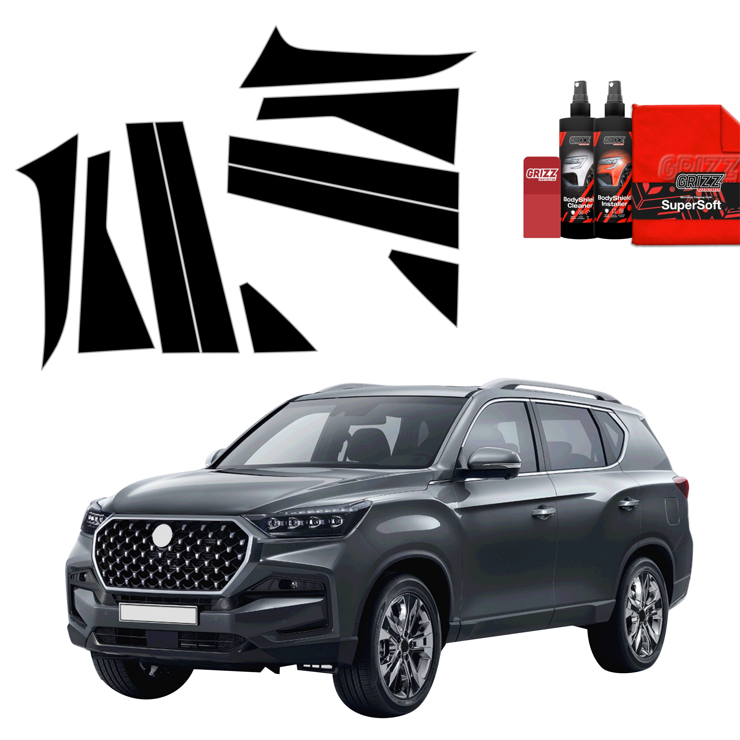 10in1 Schwarze Grizz Protector schutzfolie für A-B-C-Säule - SsangYong Rexton (2023-2026)