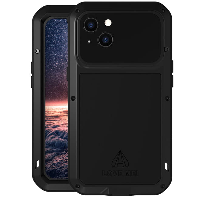 Gepanzerte Handyhülle mit Glas für iPhone 13, Love Mei Powerful, Schwarz