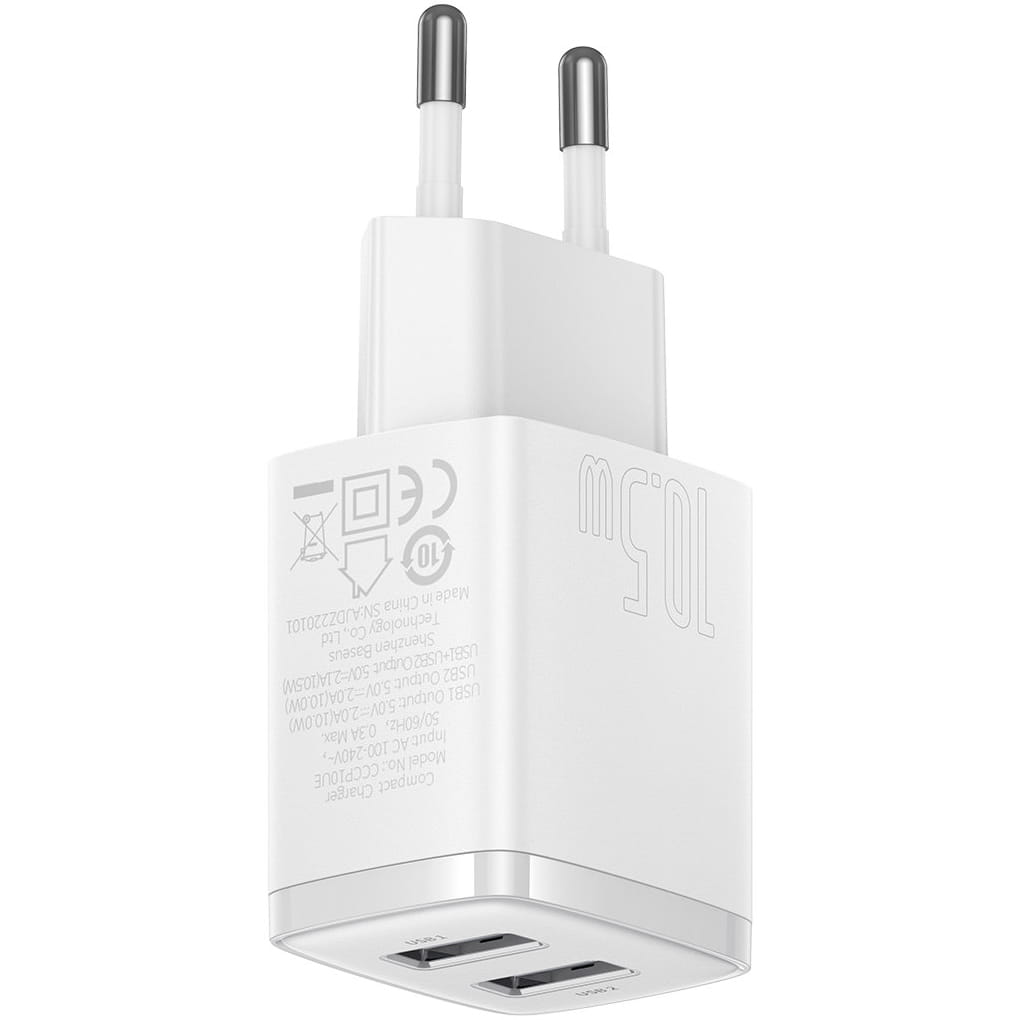 Wandladegerät Baseus Compact 2x USB-A 10,5 W, Weiß