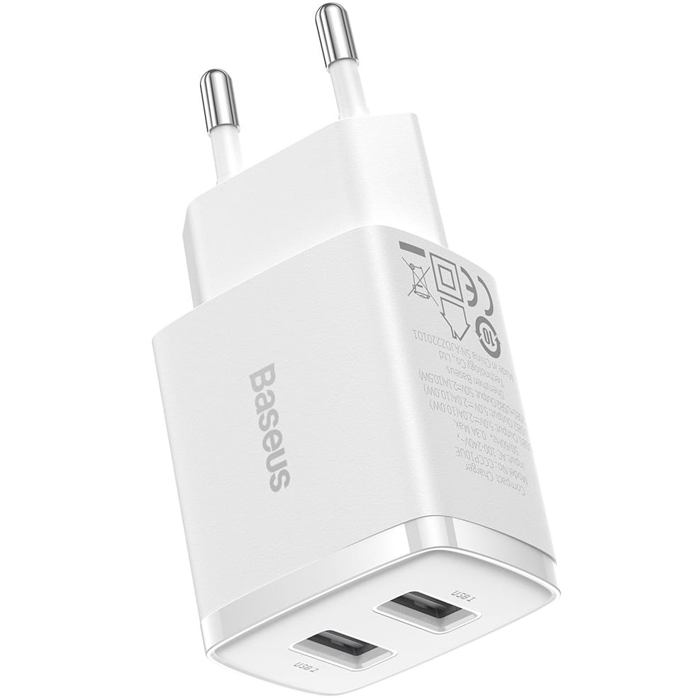 Wandladegerät Baseus Compact 2x USB-A 10,5 W, Weiß