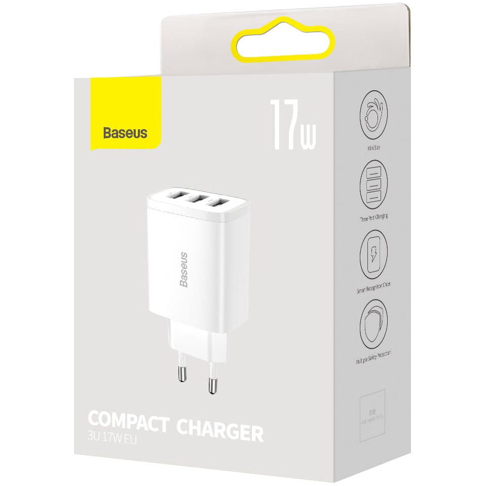 Ladegerät Baseus Compact 3x USB-A 17 W, Weiß
