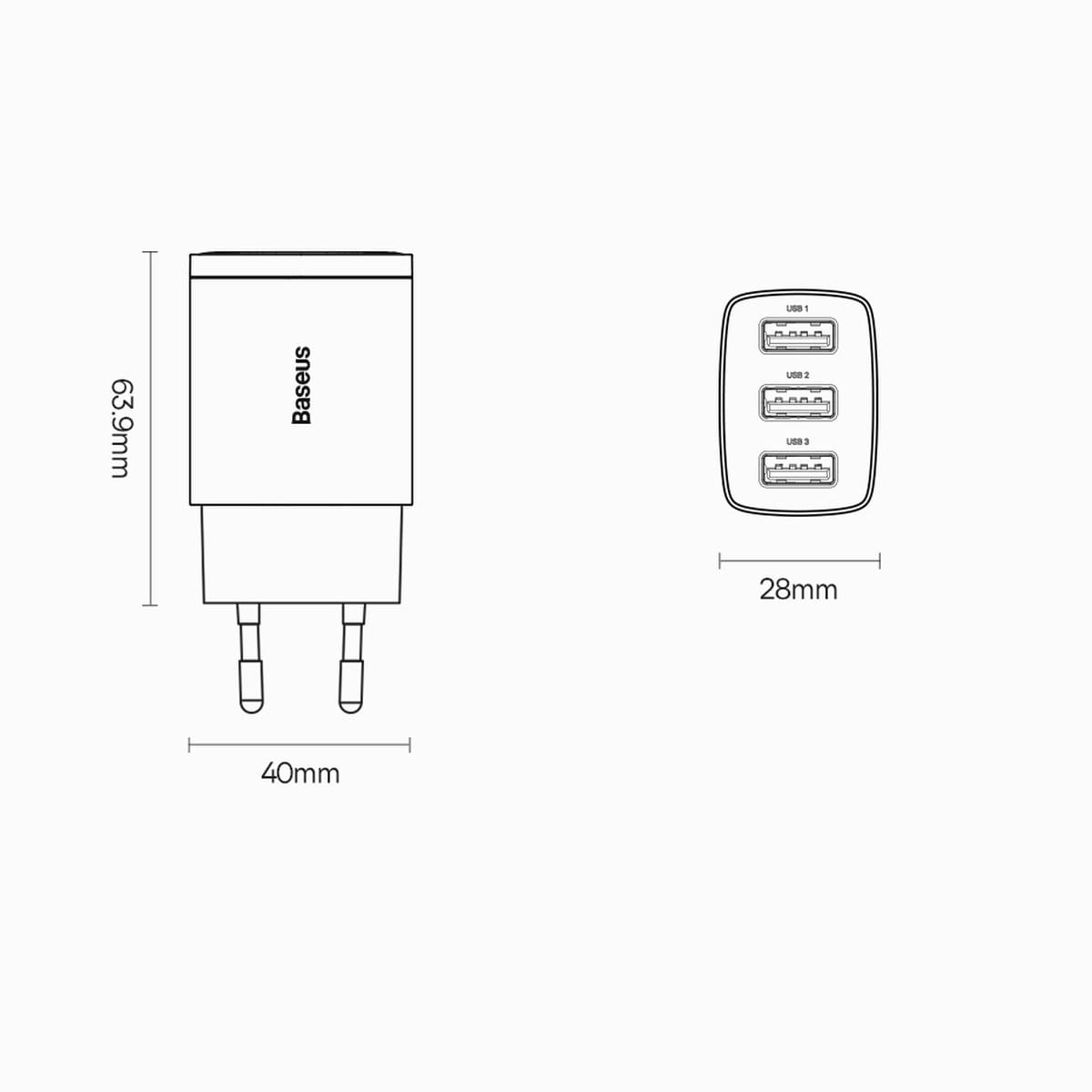 Ladegerät Baseus Compact 3x USB-A 17 W, Weiß