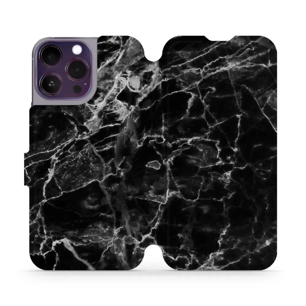 Handyhülle mit klappe für iPhone 14 Pro Max, Mobiwear Book, Schwarzer Marmor