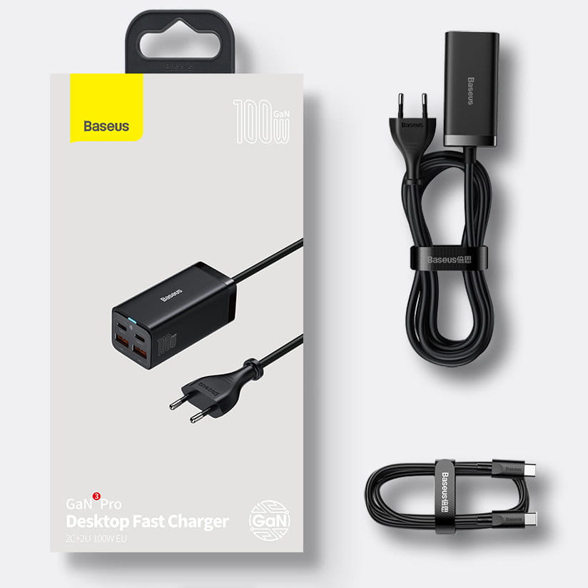 Wandladegerät Baseus GaN3 Pro QC 2x USB-C 2x USB-A, 100W, Schwarz