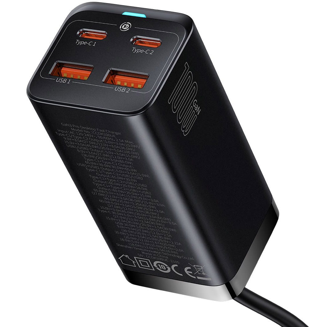 Wandladegerät Baseus GaN3 Pro QC 2x USB-C 2x USB-A, 100W, Schwarz