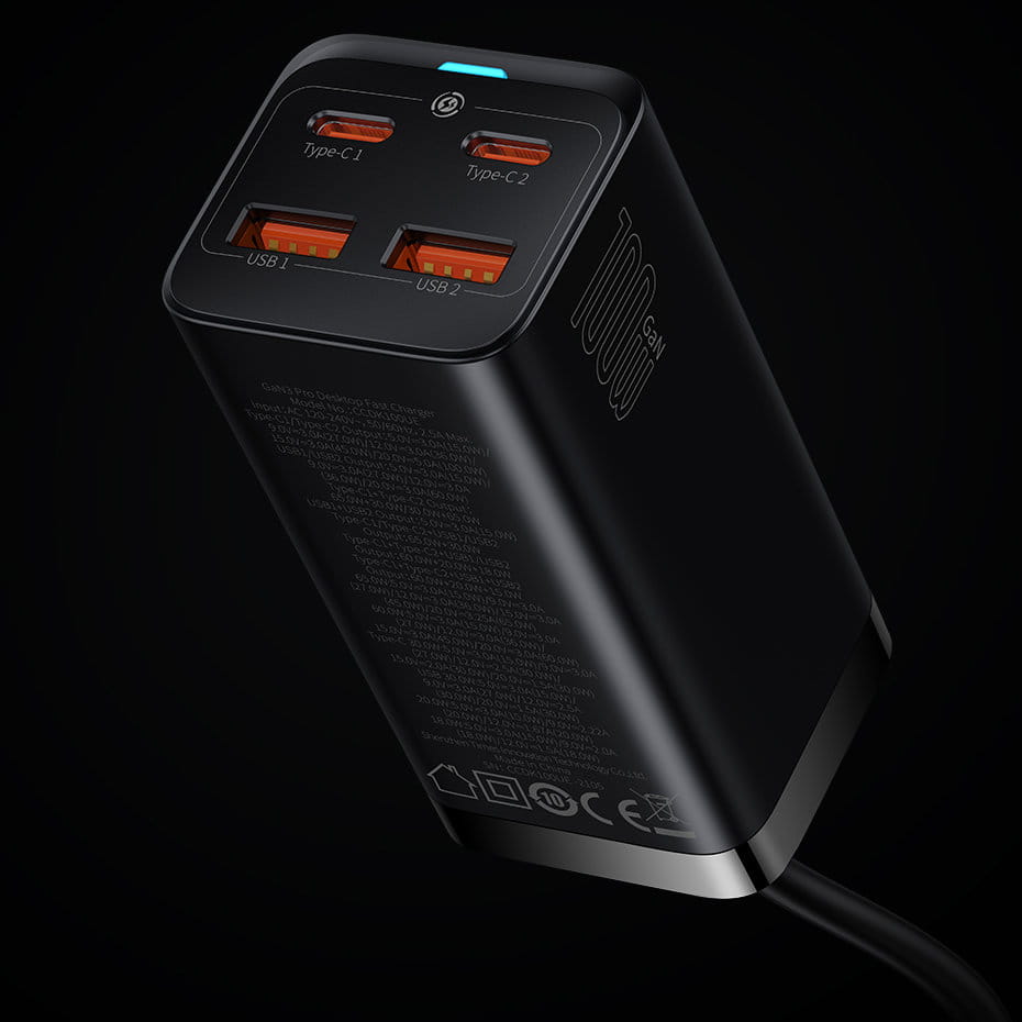 Wandladegerät Baseus GaN3 Pro QC 2x USB-C 2x USB-A, 100W, Schwarz