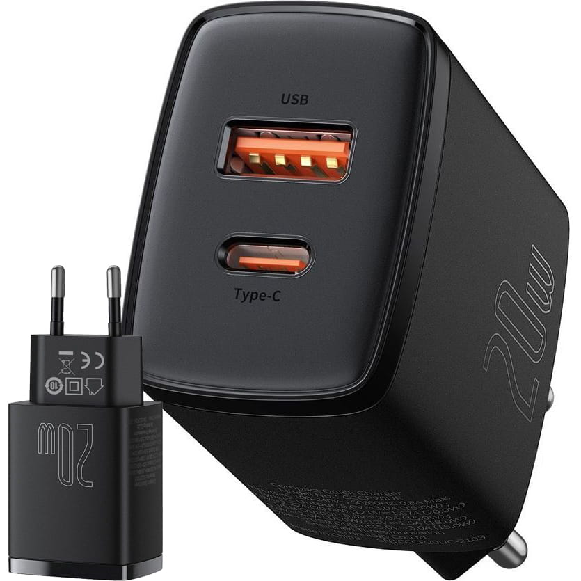 Wandladegerät Baseus Compact Quick Charger PD QC 3.0 20W, Schwarz
