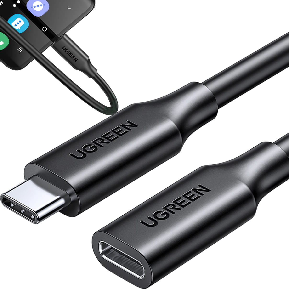 Ugreen 100W, 10Gbps USB-C (Stecker) zu USB-C (Buchse) Lade- und Datenkabel/Verlängerer, PD, QC, 1m, Schwarz