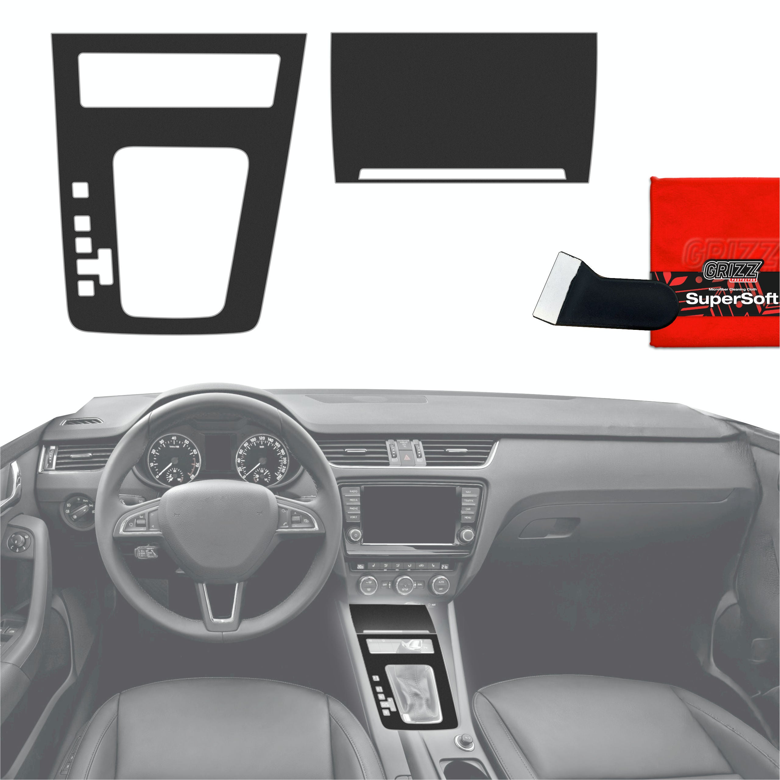 2in1 Schutzfolien Grizz Protector für Mittelkonsole - Skoda Octavia 3 DSG (2017-2020) Schwarz Matt Antifingerprint