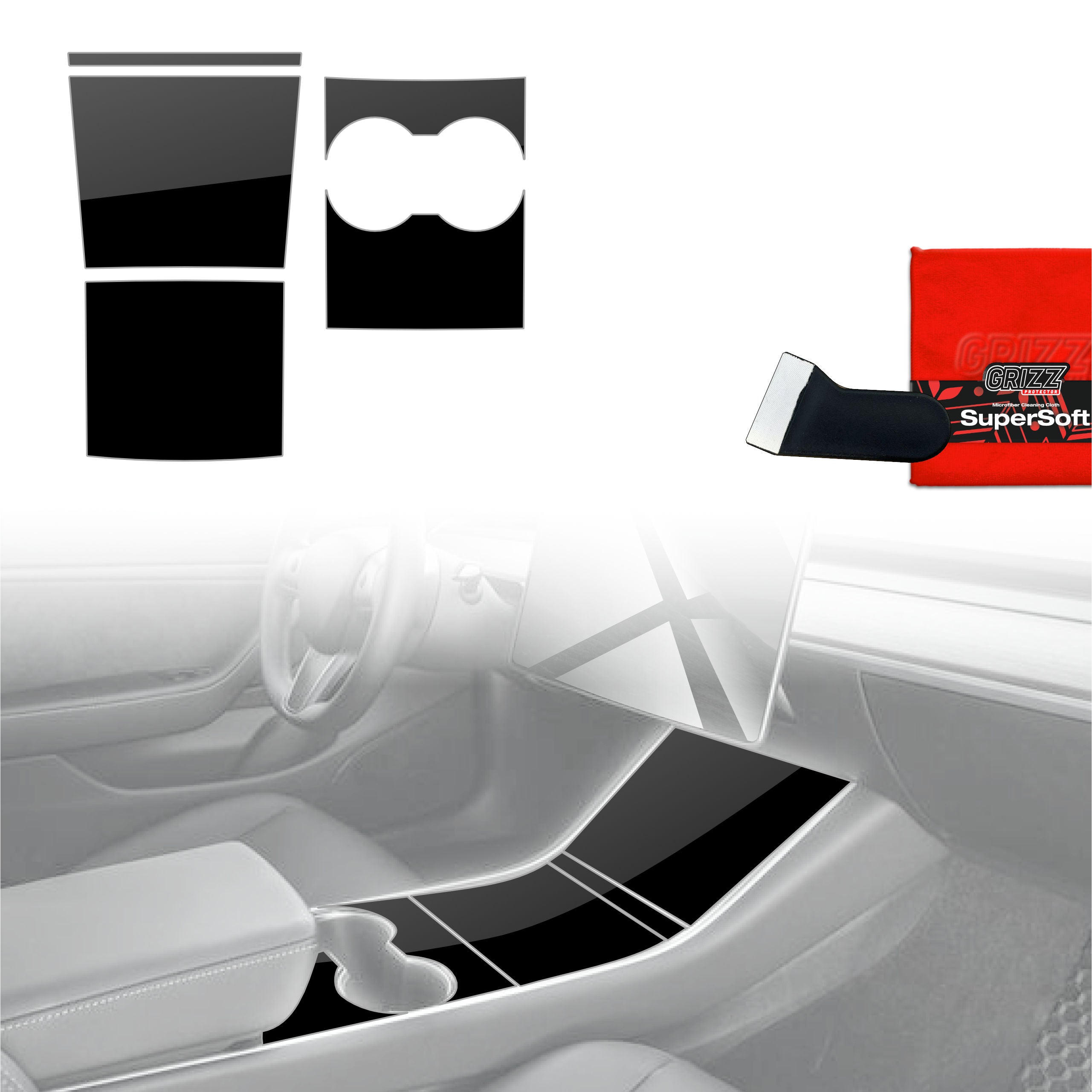 4in1 Schutzfolien Grizz Protector für Mittelkonsole - Tesla Model 3 (2017-2020) Schwarz Glanz