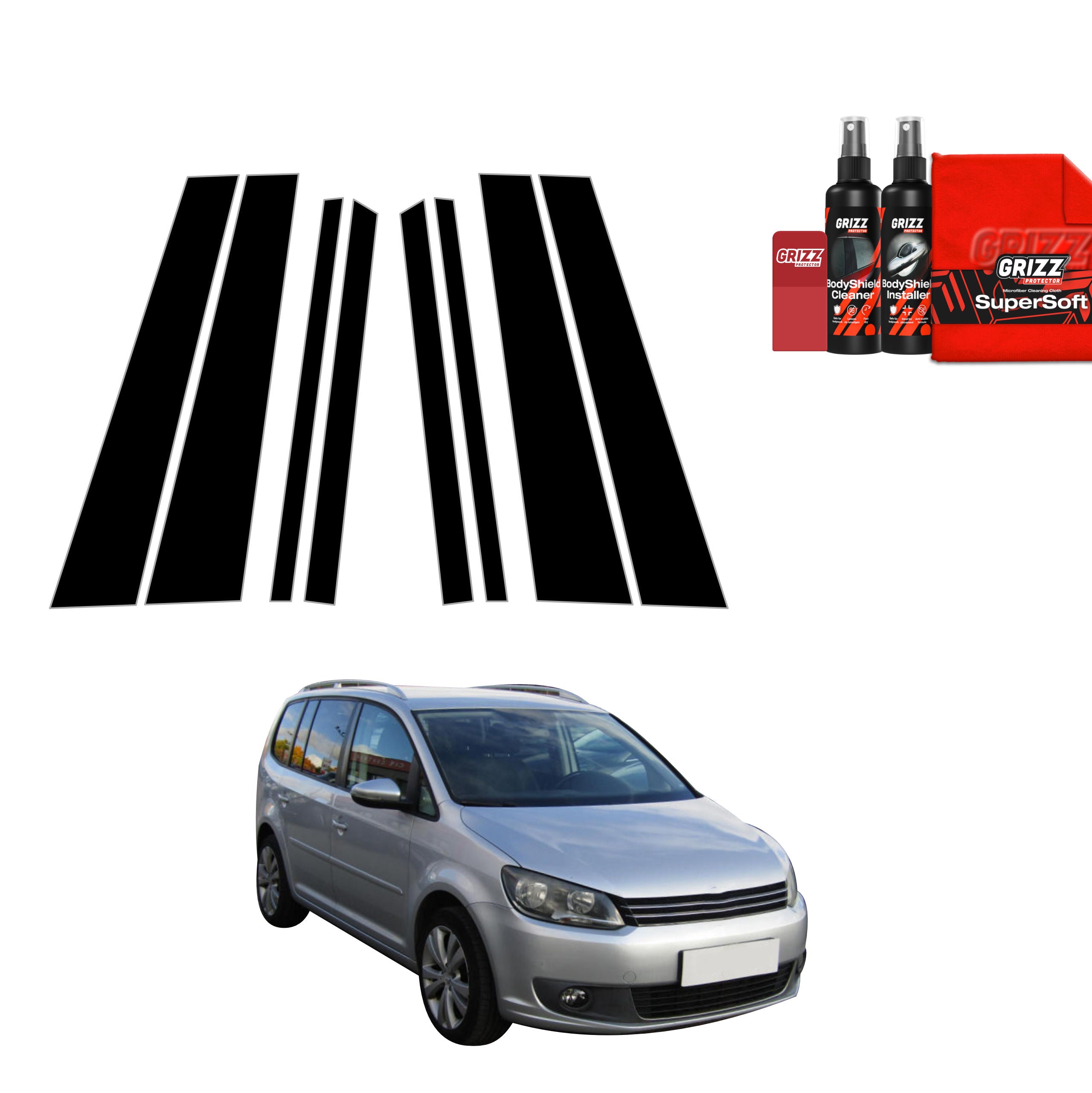 8in1 Schwarze Grizz Protector schutzfolie für B-C-Säule - Volkswagen Touran I MPV 5D (2010-2015)