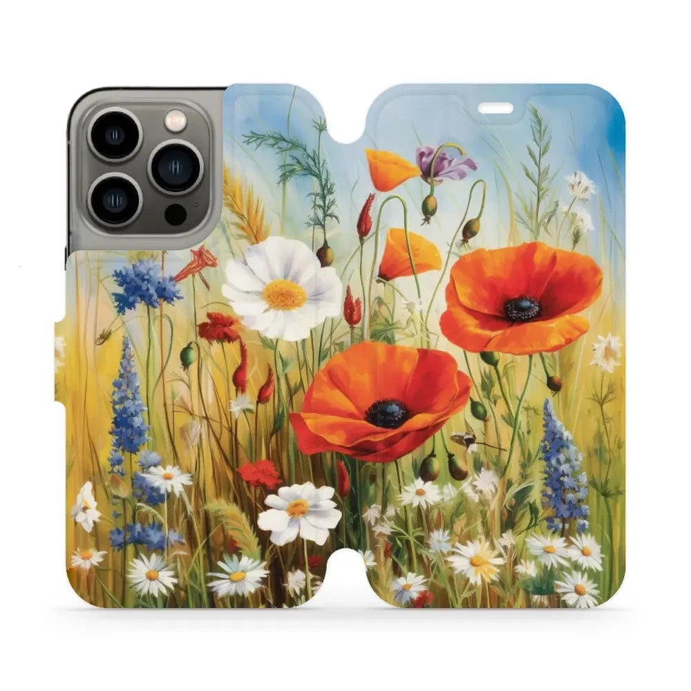 Handyhülle mit klappe für iPhone 13 Pro, Mobiwear Book, Wiesenblumen